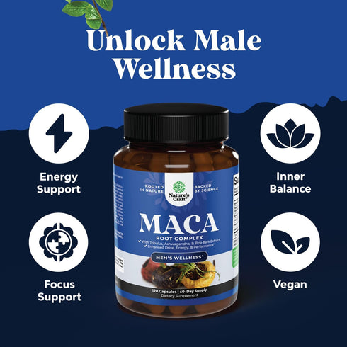 Potent Black Maca Root Capsules for Men - Herbal Wellness Supplement with Siberian Ginseng & Ashwagandha - 60 Servings