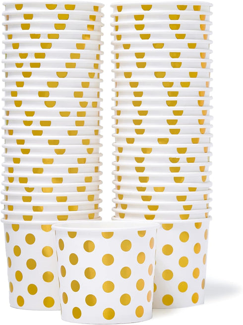 MATICAN 50-Count Paper Ice Cream Cups, 11-Oz Disposable Dessert Bowls for Hot or Cold Food, Gold Foil Polka Dots
