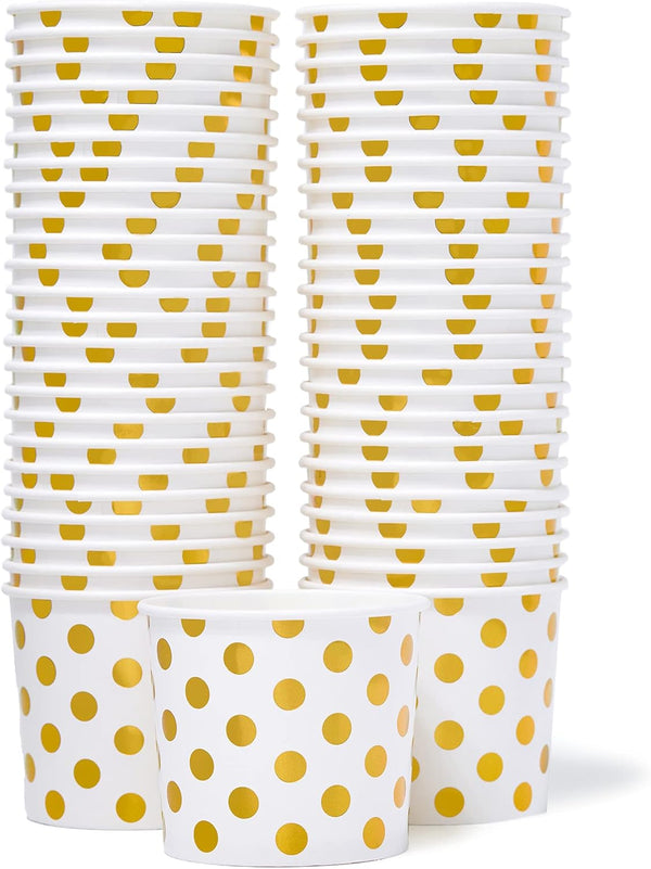 MATICAN 50-Count Paper Ice Cream Cups, 11-Oz Disposable Dessert Bowls for Hot or Cold Food, Gold Foil Polka Dots