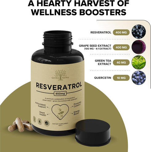 Resveratrol Supplement with Quercetin & Grape Seed | 850mg for Blood Pressure & Heart Health, 60 Capsules