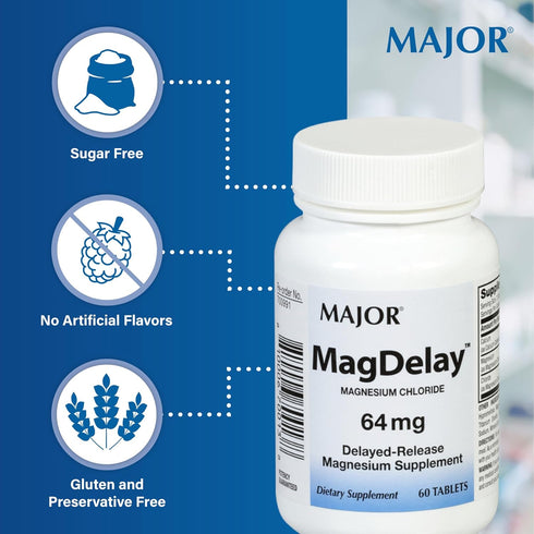Major MagDelay Magnesium Chloride, 64 mg, Delayed-Release Supplement, 60 Tablets