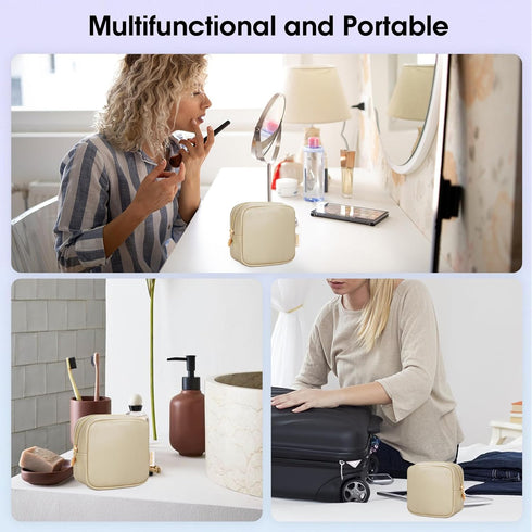 Small Makeup Bag for Purse, Mini Cosmetic Pouch for Women with Slip-in Pockets, Eco Vegan Leather, Beige