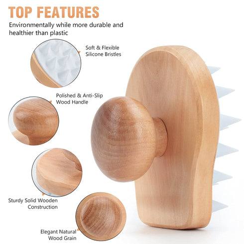 Scalp Massager Shampoo Brush, Wooden Wet and Dry Hair Scalp Care Brush, Exfoliator with Soft Silicone Bristles