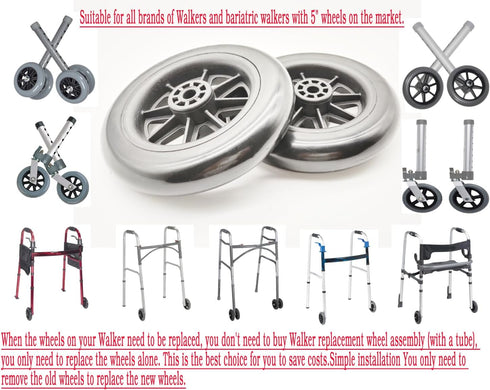 Universal Walker Replacement Wheels, 5” Caster Wheels, 5/16" (8MM) Axle Mounting Hole, 30MM Shaft Height, 1 Pair, Black