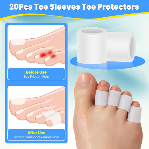 Toe Protectors for Women & Men, 20 Pcs Silicone Toe Sleeves for Pinky Toe Pain Relief, Gel Covers