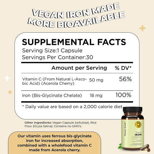 Future Kind Vegan Iron Supplement with Vitamin C, 30 Iron Capsules in Glass Bottle - Iron Supplements for Men and