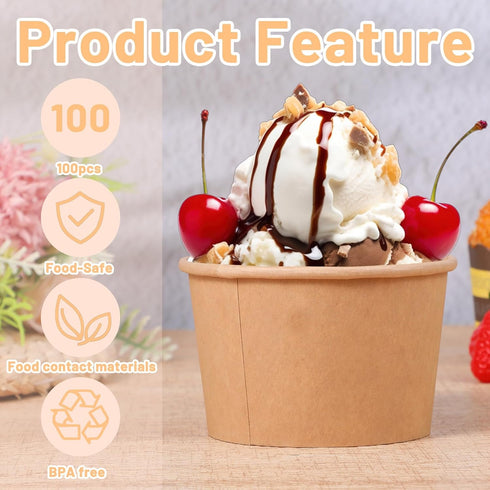 zisiueel 100 (8 oz) Pieces Ice Cream Cups Paper Disposable Sundae Bowls brown Paper Hot Cold Soup Snack Yogurt Dessert
