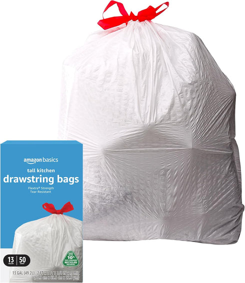 Amazon Basics Flextra Tall Kitchen Drawstring Trash Bags, 13 Gallon, 50 Count, 10% Post Consumer Recycled