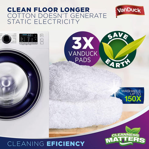 VanDuck 100% Cotton Terry Mop Pads, 15x8 Inches, 3-Pack - Terry Cloth Mop Covers (Handle Not Included)