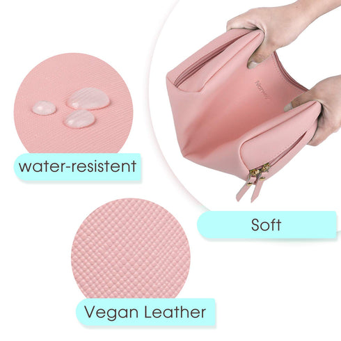 Narwey PU Leather Pink Makeup Bag, Travel Cosmetic Bag Toiletry Organizer with Compartments for Women