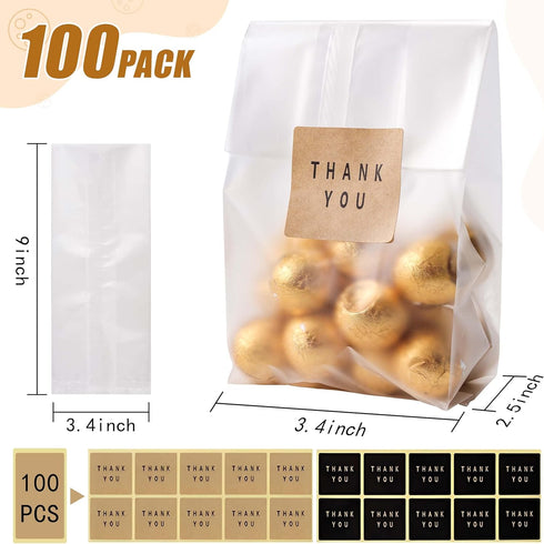 Cellophane Treat Bags for Cookies, Candy, Chocolates, Clear Gift Bag with Stickers (Fog, 9x3.3inch)