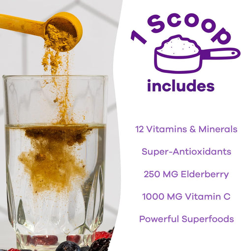 Immune Support Supplement - Vegan Superfood Powder with Elderberry, Turmeric, Vitamin C & B12 (Berry)