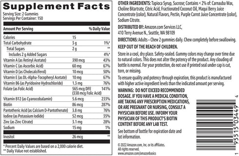 Amazon Basics Adult Multivitamin for Men & Women, 300 Gummies, 150 Count (Pack of 2), Vitamins A, C, D, E, B-6, B-12