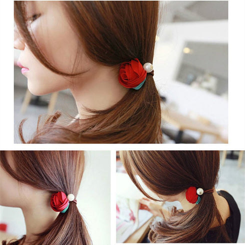 Ruihfas 5Pcs Girls Women Hair Accessories - Pearls Flower Elastic Hair Ties, Headbands & Ponytail Holders
