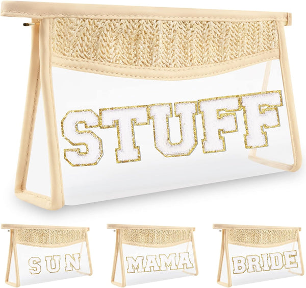 Boho Clear Makeup Letter Patch Makeup Bag STUFF Pouch, Cute Waterproof Glitter Toiletry Bag for Women