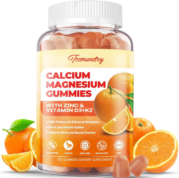 Calcium Magnesium Zinc Gummies with Vitamin D3 & K2, Sugar Free Supplement for Adults and Kids