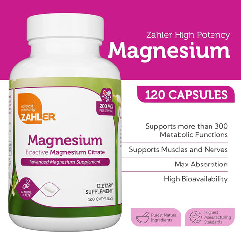 Zahler Magnesium Supplement Capsules, 200 mg (120 Count), Certified Kosher Bioactive Magnesium Citrate
