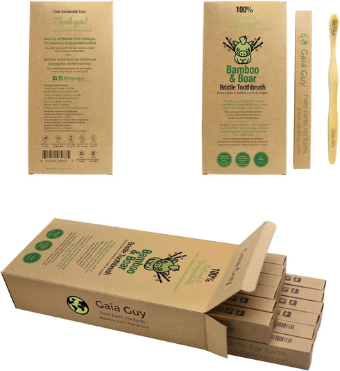 Gaia Guy Natural Bristle Bamboo Toothbrush with Boar Bristles - Biodegradable and Compostable, Zero Waste 12-Pack