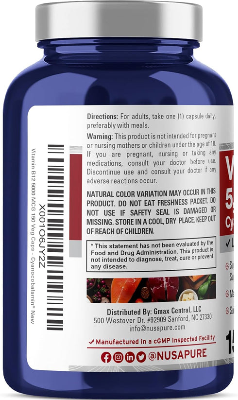 NusaPure Vitamin B12 - 5000 MCG, 150 Veggie Capsules (Non-GMO, Vegan), Max Strength