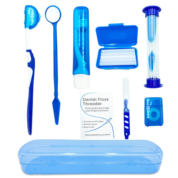Portable Orthodontic Oral Care Kit for Braces - Interdental Brush, Dental Wax, Floss, Toothbrush Cleaning Kit (Blue)