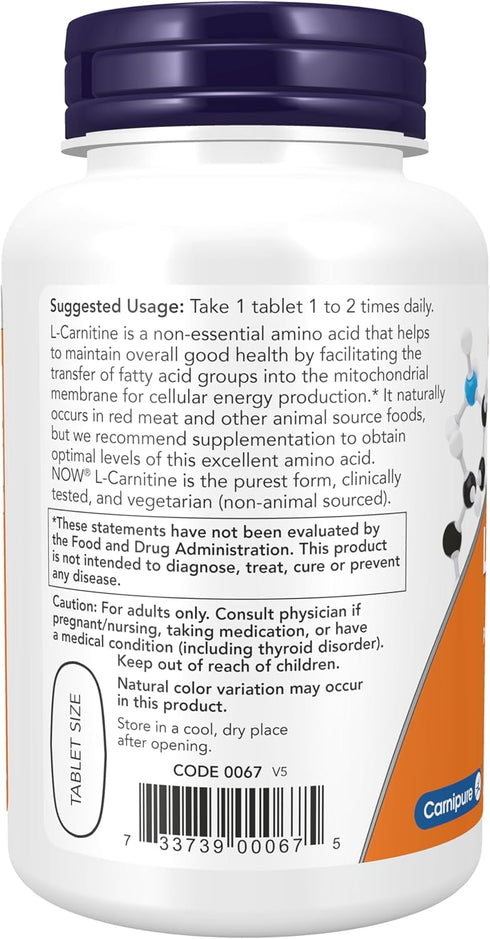 NOW Foods L-Carnitine 1,000 mg, Purest Form, 50 Tablets