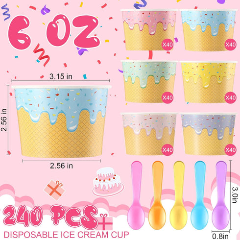 Jingmore 240 Set 6 oz Summer Paper Ice Cream Cups Bulk with Spoons Disposable Sundae Bowls Colorful Paper Dessert Cups