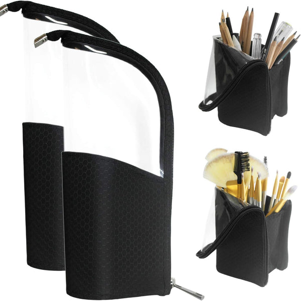 ANEMEL Black Travel Makeup Brush Holder 2-Pack, Clear Plastic Cosmetic Zipper Pouch, Portable Waterproof Organizer