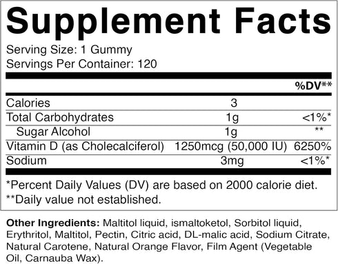 Vitamatic Sugar Free Vitamin D3 50,000 IU Weekly Supplement - 120 Pectin Based Gummies for Bones, Teeth, and Immune