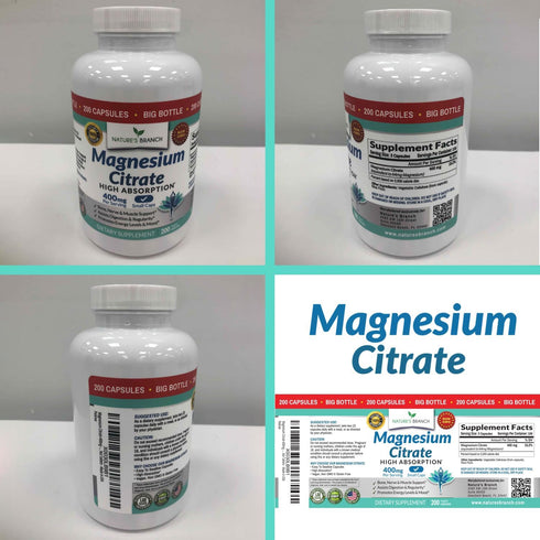 Magnesium Citrate 400mg, 200 Capsules, High Potency for Sleep and Leg Cramps, Vegan Supplement