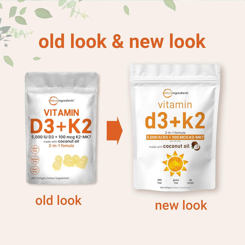 Micro Ingredients Vitamin D3 5000 IU Plus K2 (MK-7) 100 mcg - 300 Virgin Coconut Oil Softgels for Bone and Immune Health