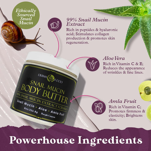 PURPLE CANYON 99% Snail Mucin Body Butter 8oz - Skin Care Moisturizer to Reduce Blemishes, Dark Spots, and Wrinkles