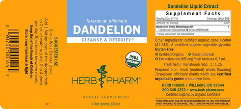 Herb Pharm Certified Organic Dandelion Liquid Extract, 4 Ounce for Cleansing and Detoxification, Organic Cane Alcohol