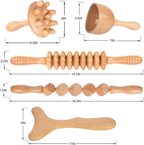Wood Therapy Massage Tools, 5-in-1 Lymphatic Drainage Massager Kit for Muscle Pain Relief and Body Contouring