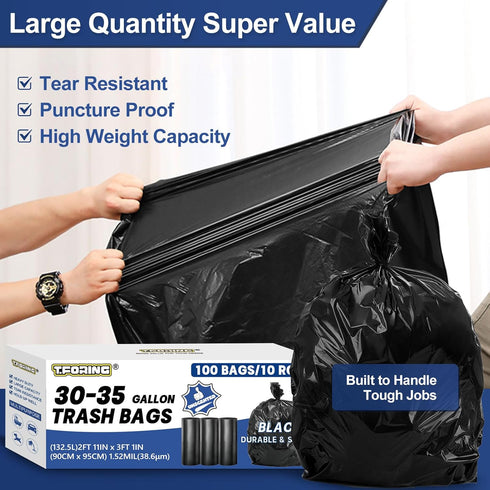 30-35 Gallon Trash Bags, 1.5 Mil, Large Black Garbage Bags, 100 Count for Home Kitchen Commercial Lawn and Leaf