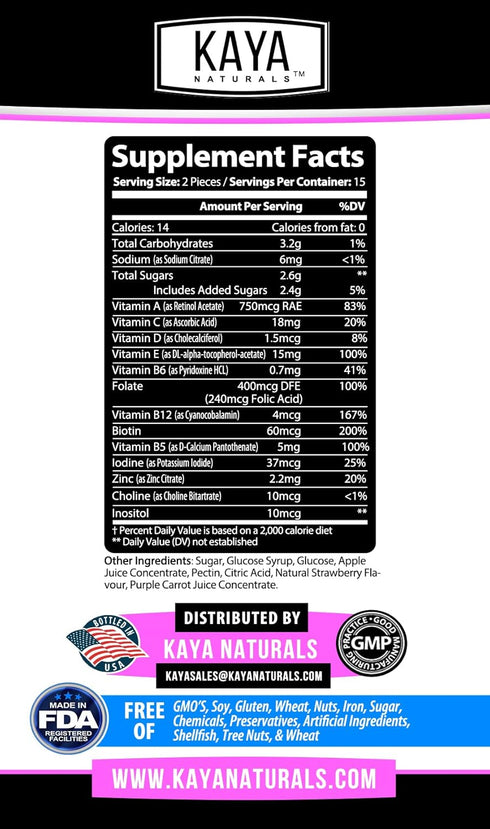 Kaya Naturals Adult Multi Vitamin Gummy, Strawberry Flavor, Biotin, Vitamins A, C, E, Zinc, B-12, 60 Gummies