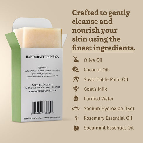 Southern Natural Rosemary Mint Goat Milk Soap Bar, 4 oz (1 Bar) – Soothing for Sensitive Skin and Dry Skin Relief