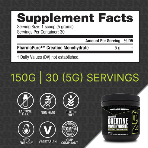 NutraBio Pure Creatine Monohydrate Powder Supplement - Unflavored, 150 g, Supports Bulk Muscle Energy