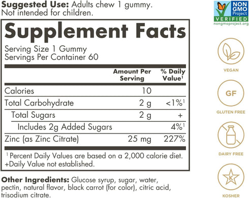 Solgar Zinc Gummies Adult Vitamin with 25mg Ultra Potency Zinc Citrate for Immune Support - Mixed Fruit Flavor, Vegan, Kosher & Gluten Free Gummy Supplements for Women & Men, 2g Sugar, 60 Servings