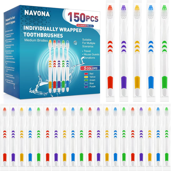 Navona 150 PCS Individually Wrapped Bulk Toothbrushes, Colorful Manual Disposable for Adults or Kids, Medium Soft