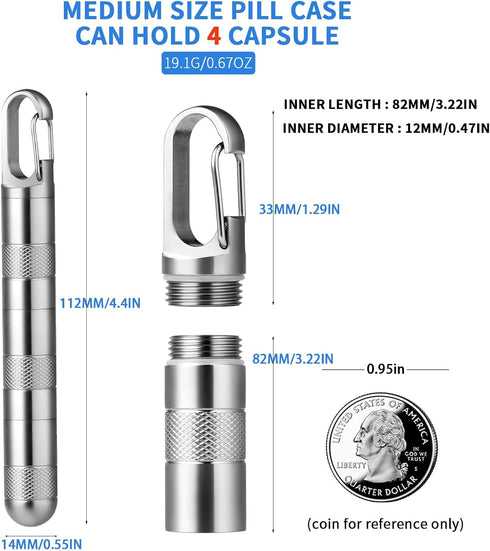 TISUR Small Titanium Pill Case, Portable Keychain Pill Holder, Waterproof Travel Pill Organizer with Removable
