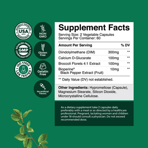Extra Strength Diindolylmethane DIM Supplement - DIM Complex Men and Womens Hormone Balance Supplement with DIM SGS and Calcium D-Glucarate - Herbal DIM Supplement for Men and Women (60 SVG)