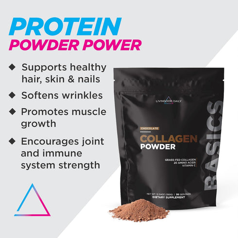 Livingood Daily Chocolate Collagen Powder - Hydrolyzed Collagen Peptides with Vitamin C, Complete Protein, 30 Servings,