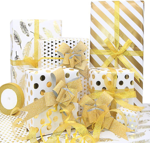 Gift Wrapping Supplies, 8 Sheets White Gold Gift Wrapping Paper, 10 Pull Bows, 24 Yard Glitter Ribbon, 12 Thank You