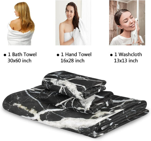 Naanle 3 Set Set 1 1 1 Pack 3 Black and White Marble Towel Piece Bath Towels for Bathroom Highly Absorbent Cotton