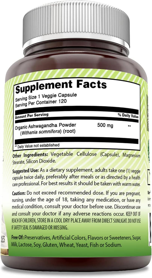 Amazing India Ashwagandha Supplement | 500 Mg Per Serving | 120 Veggie Capsules | Non-GMO | Gluten Free | Made in USA | Ideal for Vegetarians