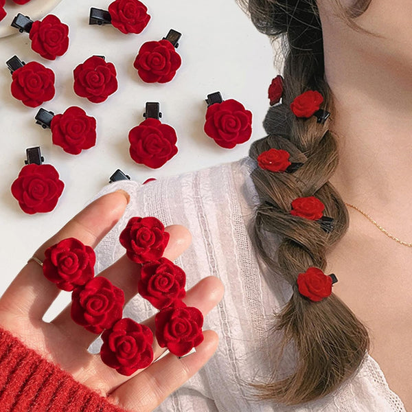 Red Mini Rose Hair Clip for Women, Flower Hair Barrettes Headpiece, Vintage Bridal Hair Pins for Girls