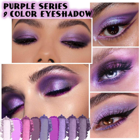 evpct 9 Colors Purple Pink Lavender Glitter Shimmer Matte Eye Shadow Palette Makeup Highly Pigmented Waterproof Violet Mauve Dark Purple Silver Pearl White Shimmer Sparkling Party Eyeshadow Palette