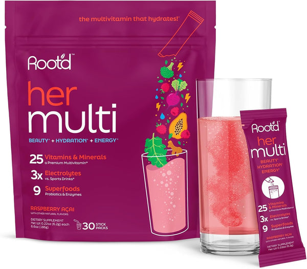 Root'd Multivitamin Powder for Women - 25 Vitamins & Minerals with 3X Electrolytes, 9 Organic Superfoods, Probiotics &