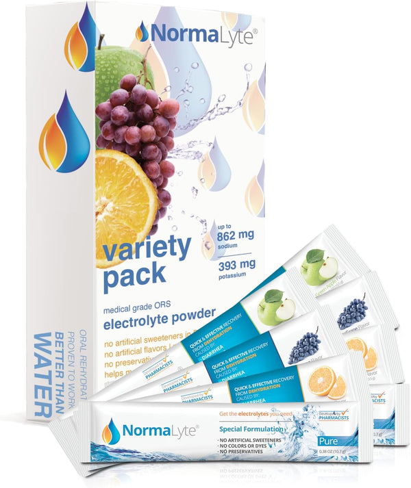NormaLyte Oral Rehydration Salts - Pack of 8 (4 Flavours) - Electrolyte Powder, Vegan