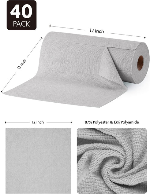 Microfiber Cloths in a Roll, Reusable Washable Cleaning Rag Towels, 12" x 12", 40 Pack for Auto, House, Kitchen